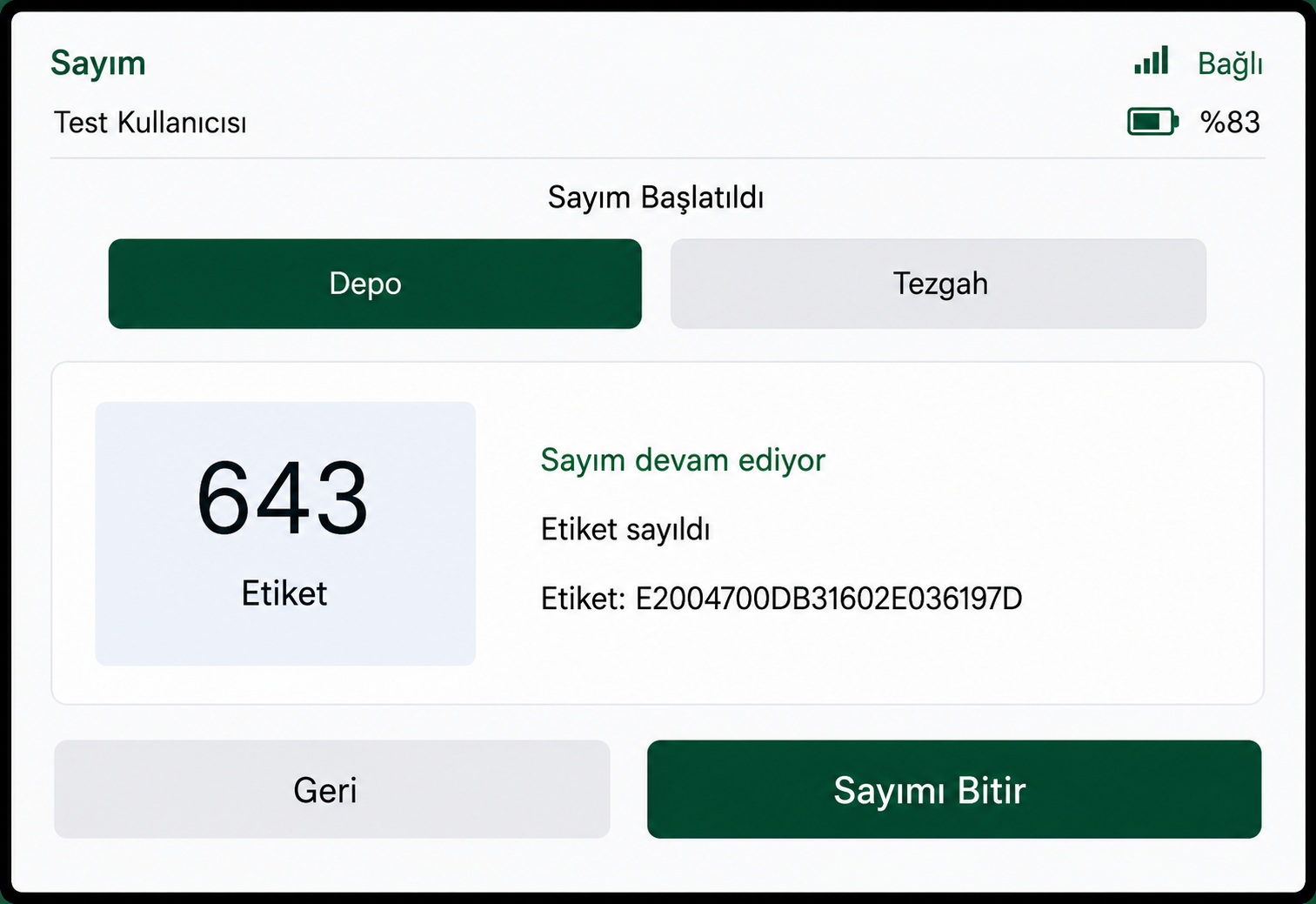 Depogram hızlı sayım el terminali ekranı